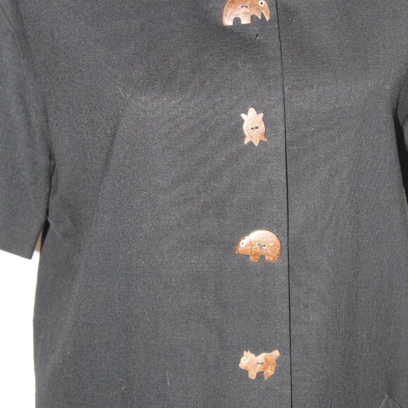 Evan-Picone Dress South Pacific BLACK Shell Animal Buttons Shift 8 VINTAGE - Picture 4 of 15